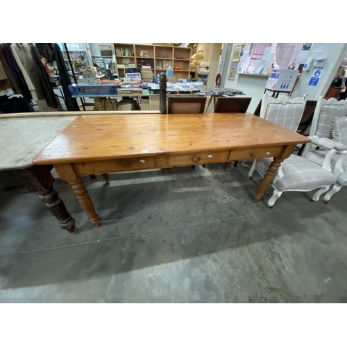 153 - Pine farmhouse table with 3 drawers 76H 180W 80D