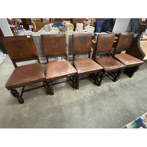 163 - 5 Yorkshire Rose oak, leather seated chairs