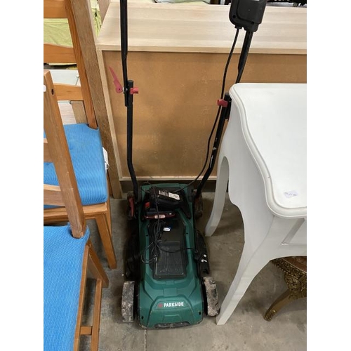 166 - Parkside 20V cordless lawnmower with battery and charger (as found)