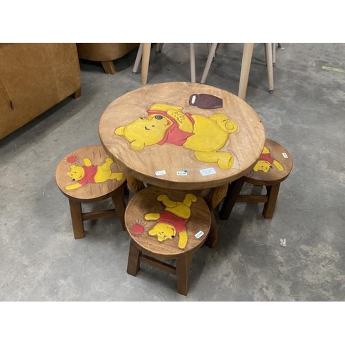 171 - Hand carved Winnie the Pooh, pine child's table & 4 stools 44H x 61W