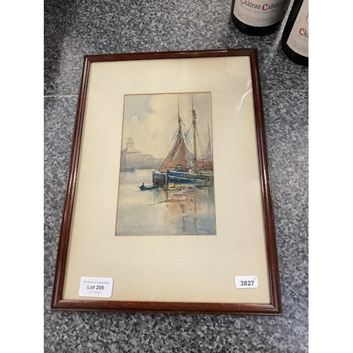 206 - Framed watercolour by B. Angle of fishing boats 26x35cm