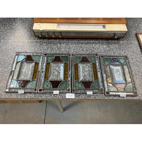 208 - Set of 4 stained glass panels 22x15cm (4 small sections glass cracked)