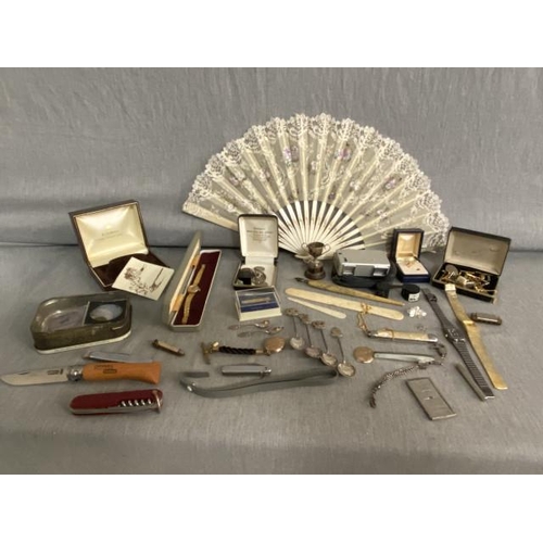 256 - Box of collectables inc. crowns, fruit knives, Minolta-16, cufflinks, watches, fan, miniature silver... 