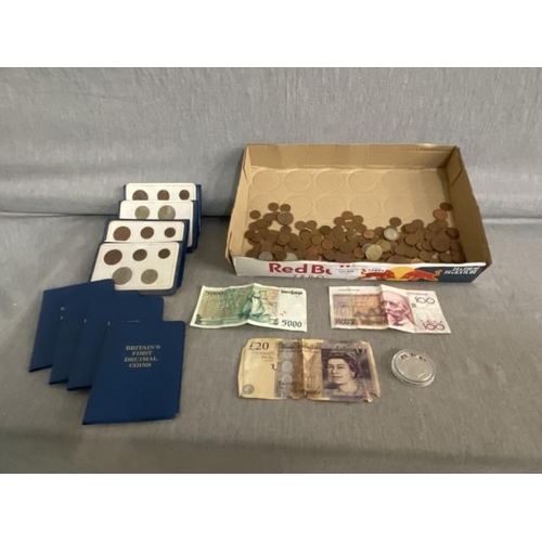 258 - Tray of coins & banknotes inc. 8 Britain's First Decimal coin sets, 2002 Falkland Islands 50 pence p... 