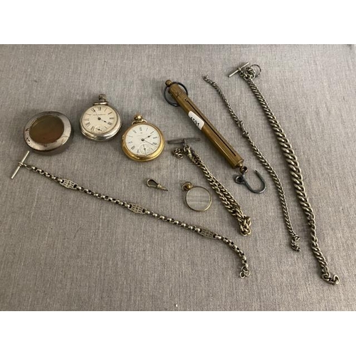 316 - Ingersoll Ltd Triumph pocket watch, eye glass, 3 pocket watch chains, brass spring balance scale etc... 