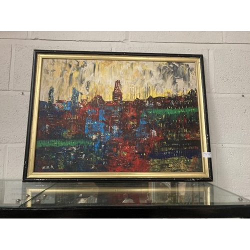 320 - Framed signed N.N.A contemporary oil on board of a city landscape 77x57cm