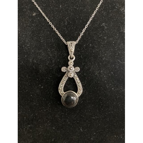 331 - Silver, jet & marcasite pendant on silver chain