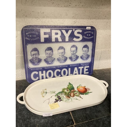 345 - Fry's Chocolate blue & white glass chopping board 40x30cm & Villeroy & Boch 