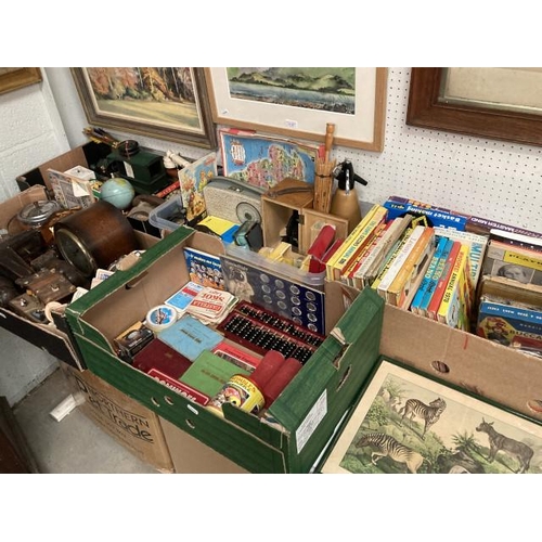 365 - 5 boxes of collectables inc. annuals, mantle clock, tokens, dominoes, vintage telephones, EAR radio ... 