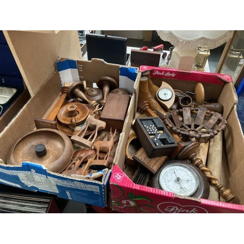 378 - 2 boxes of treen collectables inc. bowls, barometer, candlesticks etc.