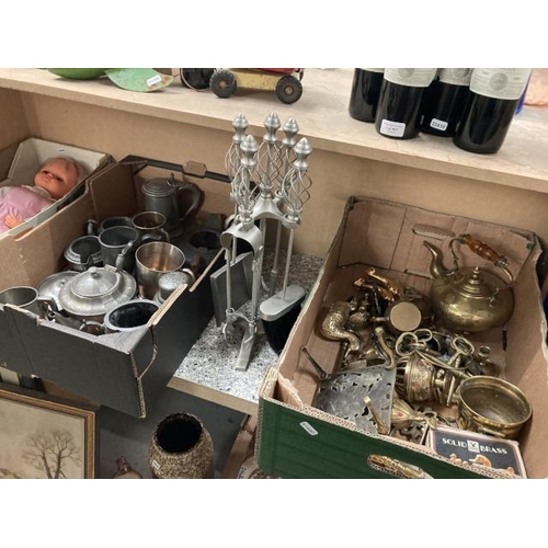 380 - 2 boxes of pewter, brassware & companion set on stand inc. Unity Pewter, Manor etc.