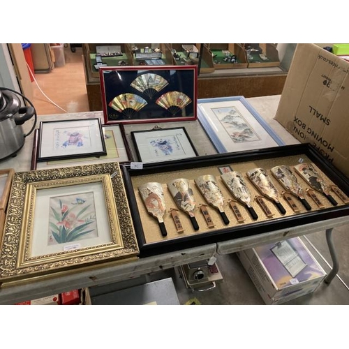 385 - Framed decorative Hagoita Japanese paddles 32x71cm, 6 oriental pictures inc. watercolour on silk, Sa... 