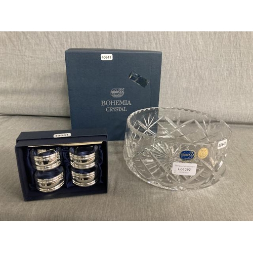 392 - Boxed Bohemia crystal bowl & boxed set of 4 M&S napkin rings