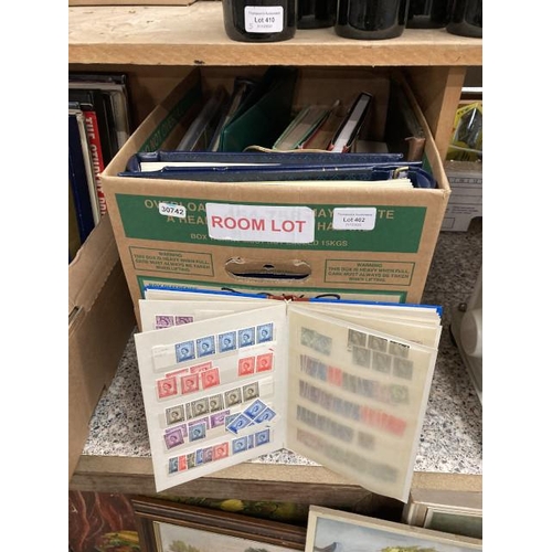 402 - Box of stamps inc. Jersey, FDC's, postcards, albums, loose stamps etc.