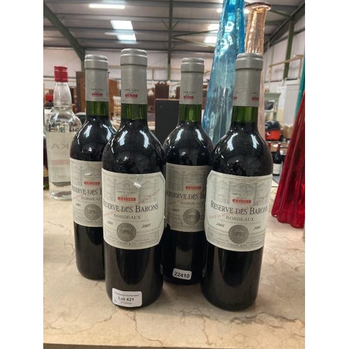 421 - 4 75cl bottles Reserve des Barons Bordeaux 2005