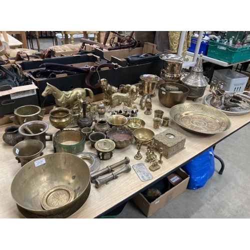 440 - Good collection of brass and silver plated ware including plated gallery tray, cream and sugars, win... 