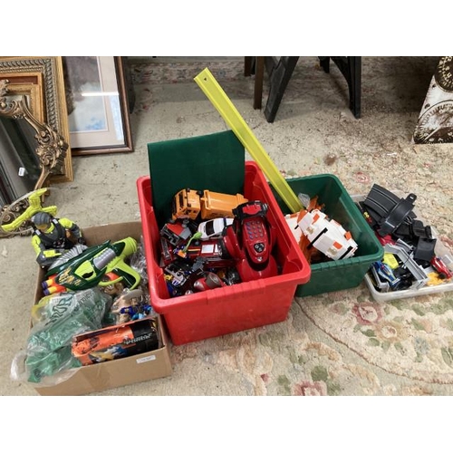 442 - 4 containers of toys including Action Man Air Patrol, racing car track, model cars including Matchbo... 