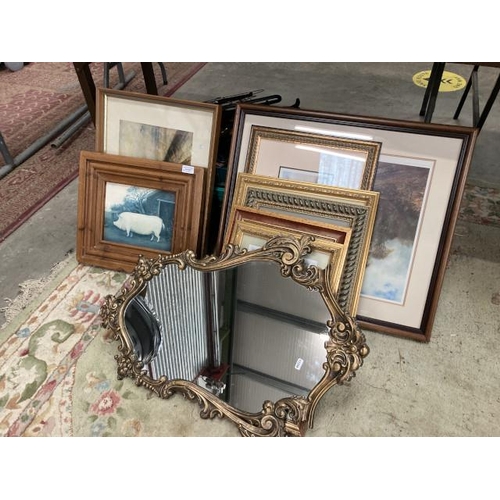 443 - 10 framed pictures inc. 2 Lowry prints, pencil signed Tricket print etc. & gilt framed mirror