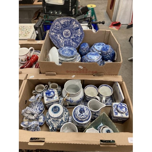 455 - 2 boxes of blue & white china including Ringtons Millenium 2000 canisters, plates, tea caddies and m... 