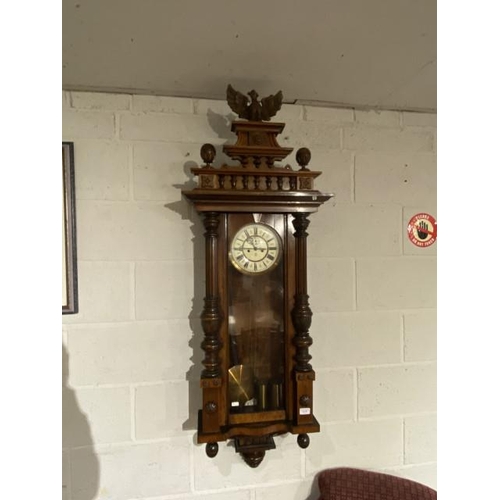 78 - Antique walnut Vienna wall clock with pendulum, 2 weights and winding key 150H 44W 17D