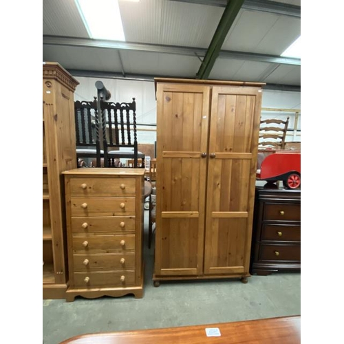 92 - Pine six drawer chest 107H 62W 38D & a pine 2 door wardrobe with hanging rail to the interior 182H 9... 