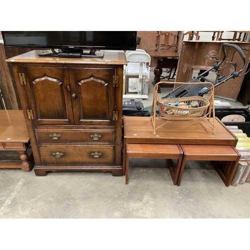 98 - Good quality oak media cupboard 102H 82W 48D, mid century teak nest of 3 tables 43H 96W 43D etc