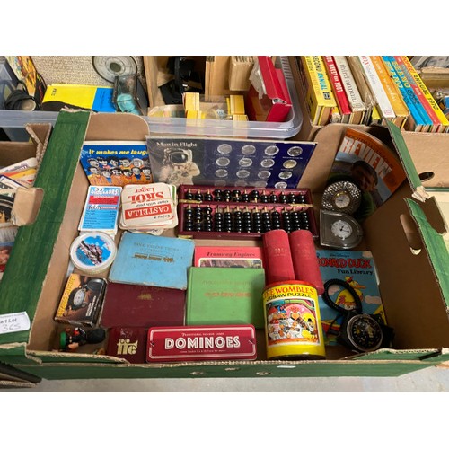 365 - 5 boxes of collectables inc. annuals, mantle clock, tokens, dominoes, vintage telephones, EAR radio ... 