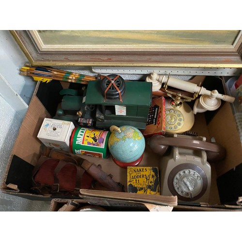 365 - 5 boxes of collectables inc. annuals, mantle clock, tokens, dominoes, vintage telephones, EAR radio ... 