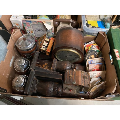 365 - 5 boxes of collectables inc. annuals, mantle clock, tokens, dominoes, vintage telephones, EAR radio ... 