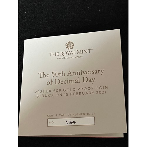 60 - “The Royal Mint” The 50th Anniversary of Decimal Day 2021 UK 50p Gold Proof Coin Struck on 15 Februa... 