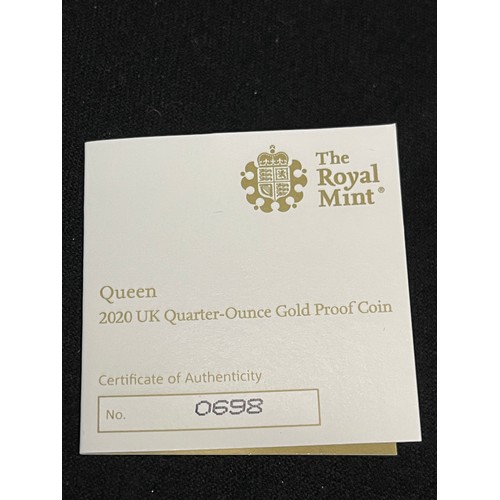 73 - “The Royal Mint” Queen 2020 UK Quarter-Ounce Gold Proof Coin 
Denomination: £25
Issuing Authority: U... 