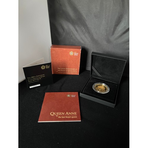 63 - “The Royal Mint” The 300th Anniversary Of The Death Of Queen Anne 2014 UK £5 Gold Plated Proof Coin ... 