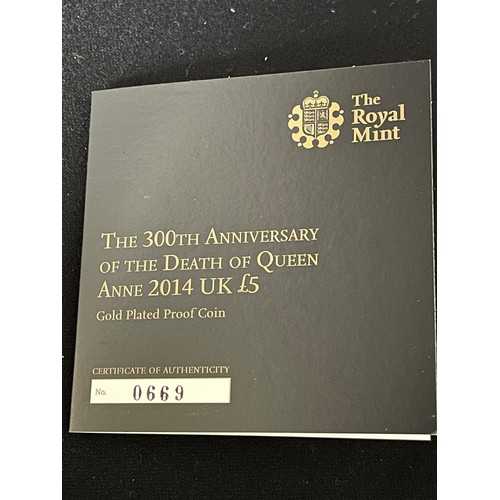 63 - “The Royal Mint” The 300th Anniversary Of The Death Of Queen Anne 2014 UK £5 Gold Plated Proof Coin ... 