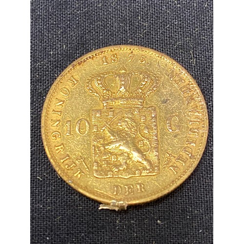 88 - 1875 Netherlands Dutch Gold 10 Gulden
Obverse:  KONING WILLEM DE DERDE * GOD ZIJ MET ONS
Reverse: KO... 