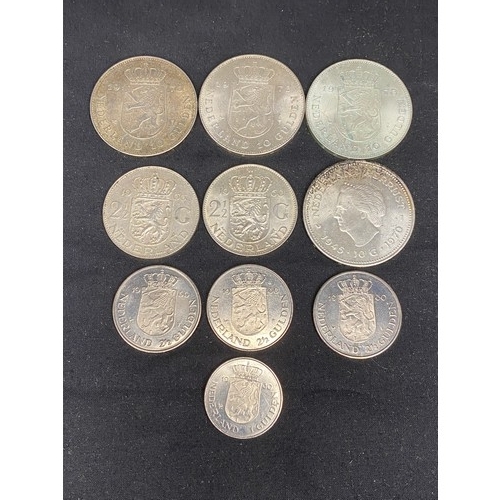 90 - 1x 1970 & 3x 1973 silver Netherlands 10 Gulden, 2x 1960 2 1/2 silver Netherlands 2 1/2 Gulden, 3x Ne... 