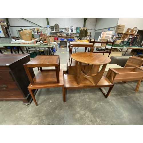 138 - 4 mid century teak occasional tables 50H x 62cm diameter, 43H 96W 42D, 50H 55W 55D & 36H 46W 47D