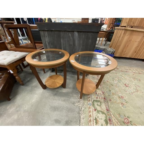 139 - Pair of teak with glass top coffee tables 56H x 50cm diameter