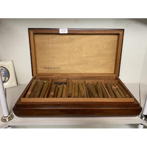 197 - Vintage cigar humidor 45.5W 10H 25D, 3 cigar cutters & 61 cigars inc. Cabinet Selection