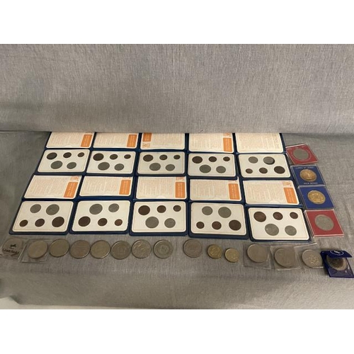 201 - Tray of coins inc. 10 Britain's Decimal coin sets, crowns, two £2 1986 thistle coins etc.