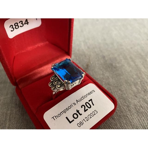 207 - Silver, blue stone & marcasite ring (size S)