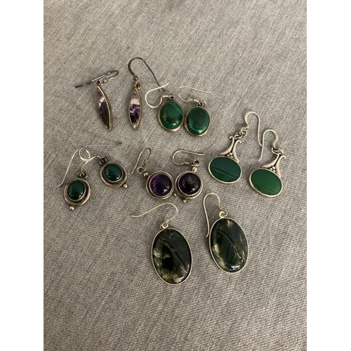 211 - 6 pairs of silver & gemstone drop earrings inc. amethyst, blue John etc.