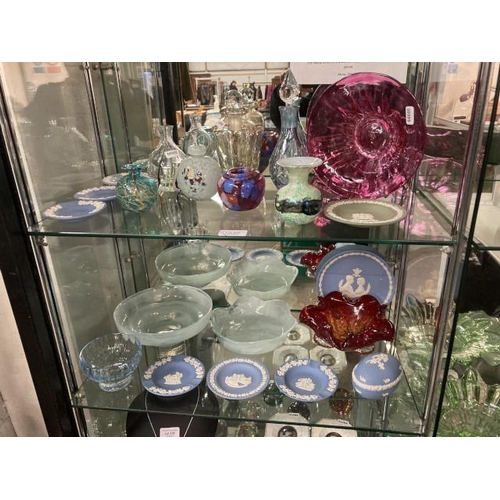 237 - 2 shelves of art glass & Wedgwood Jasper ware inc. Laura Ashley, Mdina, Dartington etc.