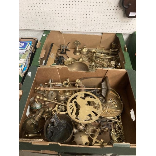 273 - 2 boxes of mixed brassware inc. trivet, fire irons, scales, horse brasses etc.