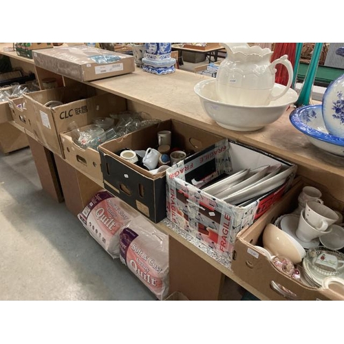 285 - 7 boxes of meat plates, Lustre Ware, glassware, mugs, saucers, stoneware kitchen cannisters etc.