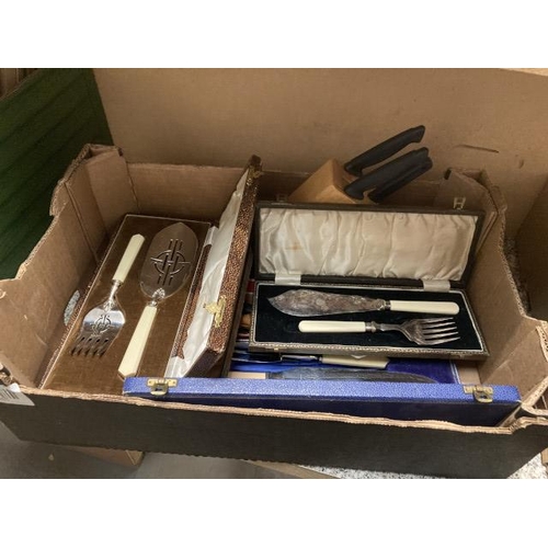 286 - Box of cutlery inc. cased sets; Walker & Hall fish server, Thomas Raynes Ltd carving set etc.