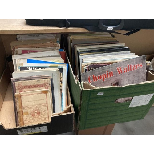 287 - 2 boxes of LP's & sheet music inc. Mozart piano concerts, Malcolm Messiter, Chopin Waltzes etc.