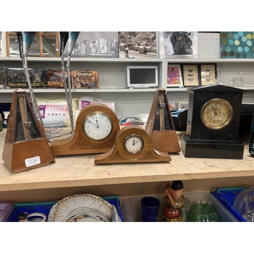 305 - 2 cased metronomes, slate mantle clock & 2 inlaid mantle clocks