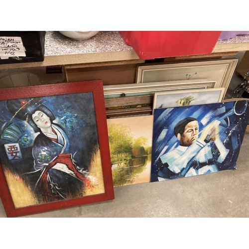 319 - Collection of pictures inc. signed W. Harris acrylic of Geisha 58x69cm, oil paintings, watercolour b... 