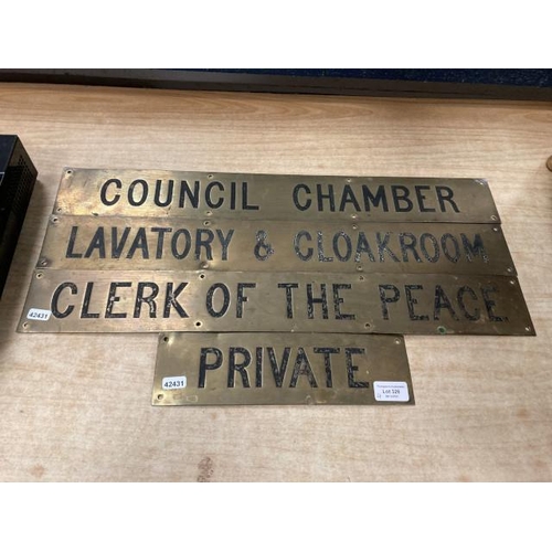 326 - 4 vintage brass signs: COUNCIL CHAMBER, CLERK OF THE PEACE, LAVATORY & CLOAKROOM (61 x 8 cm) and PRI... 