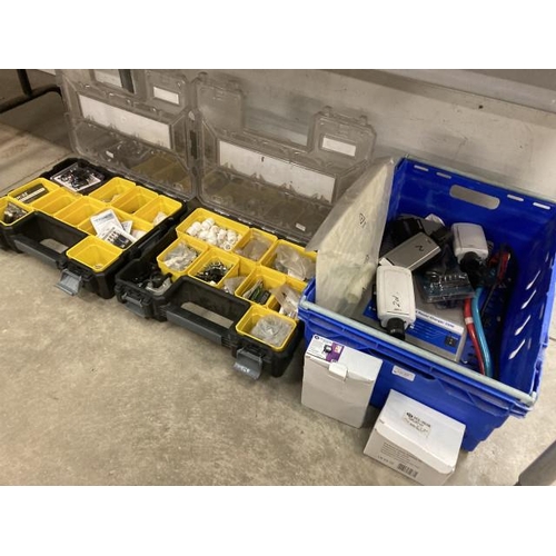 337 - 2 Stanley Fatmax boxes containing electronic and workshop accessories, Antares universal power charg... 